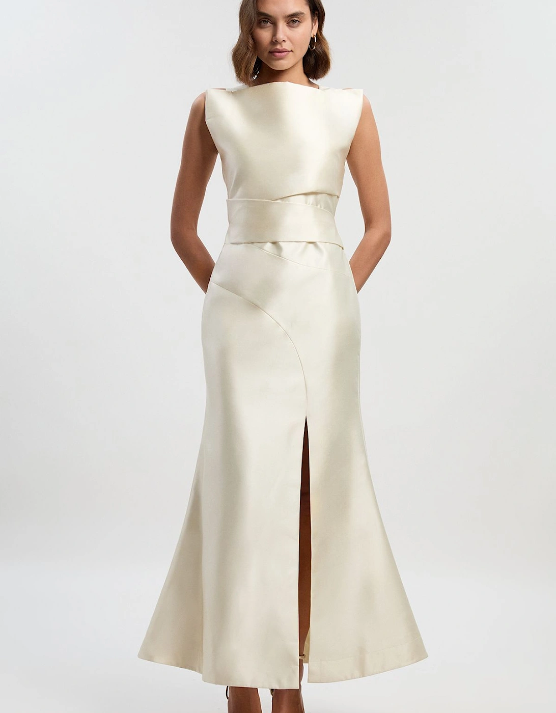 Satin Twill Draped Waist Structured Tailored Maxi Dress, 2 of 1