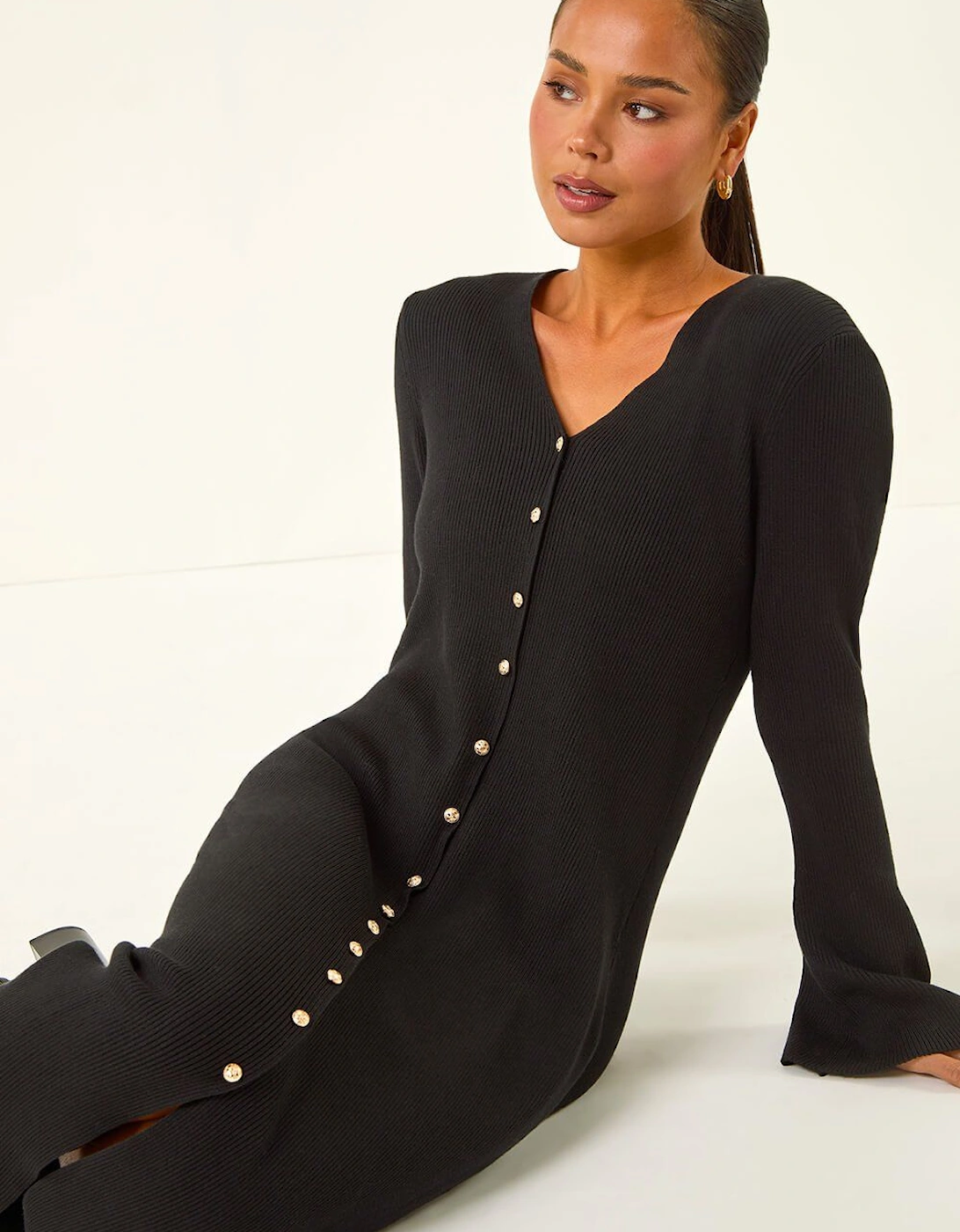 Petite Knitted Button Detail Midi Dress, 2 of 1