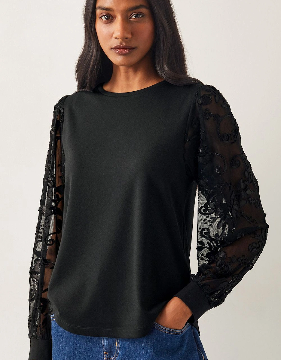 Immy Sheer Floral Sleeve Top Black, 2 of 1