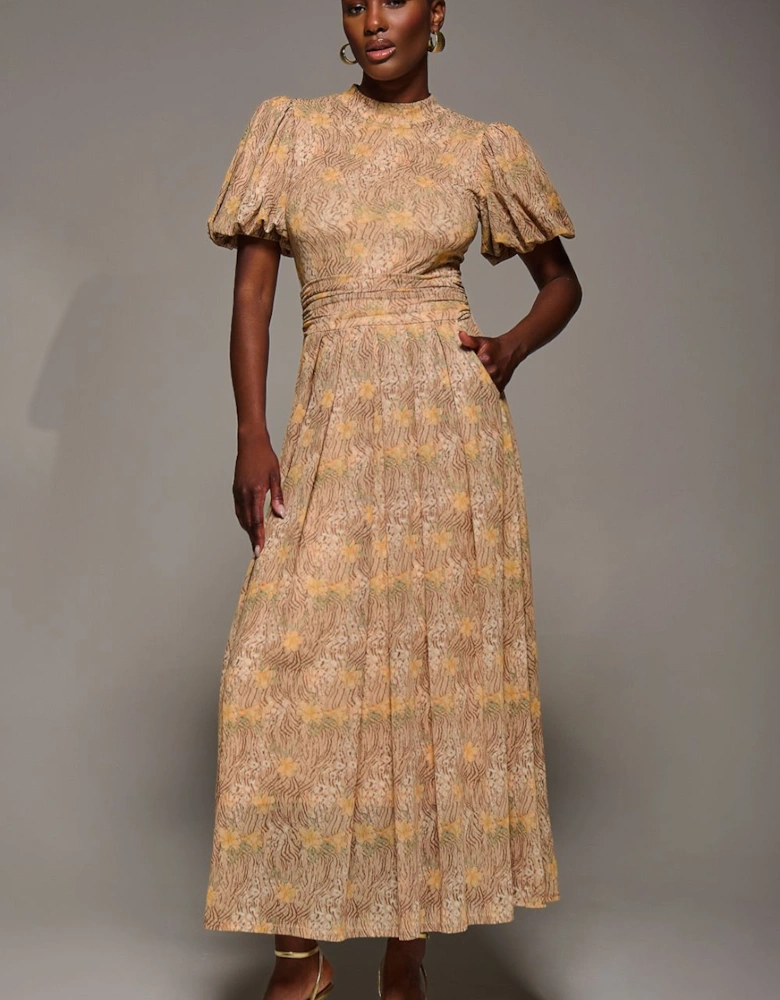 Puffy Sleeve Printed Mesh Maxi Dress