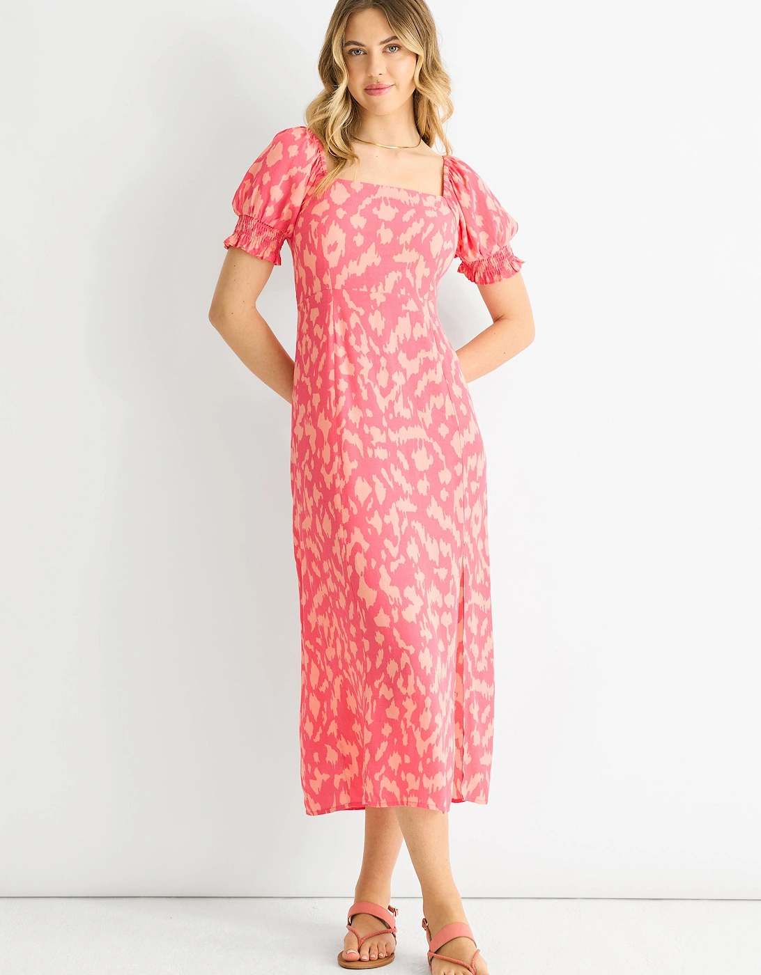Pink Animal Print Square Neck Viscose Midi Dress, 2 of 1
