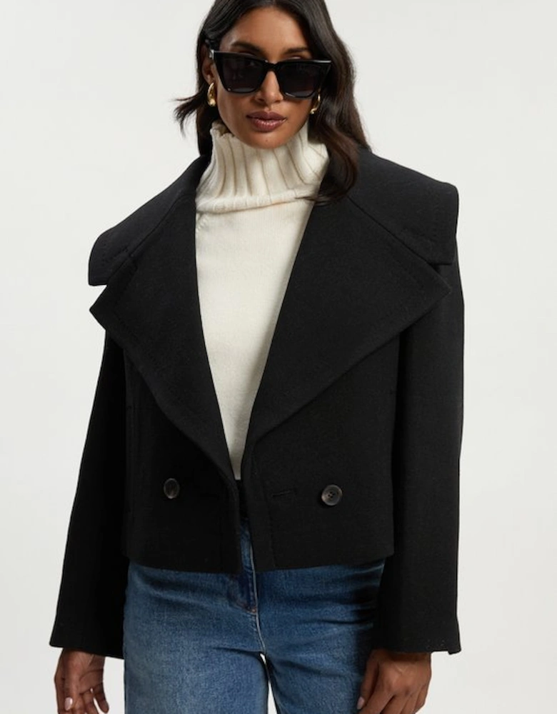 Wool Shawl Collar Tailored Double Breasted Short Coat