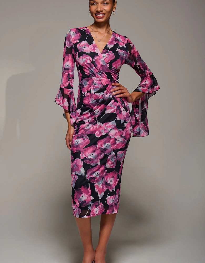 Ruffle Sleeve Ruched Mesh Bodycon Dress