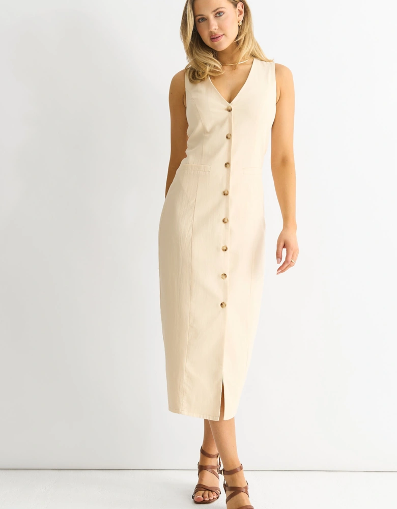 Stone Button Through Waist Coat Midi Dress