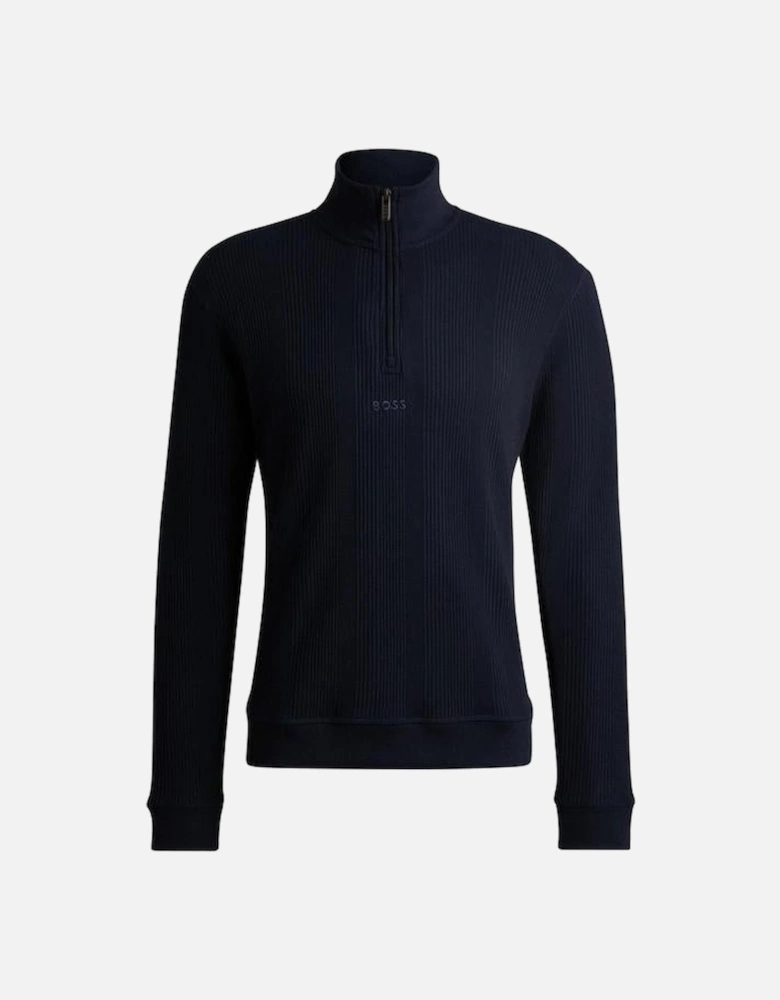 BOSS Waffle Structure Zip Neck Sweater, Dark Blue