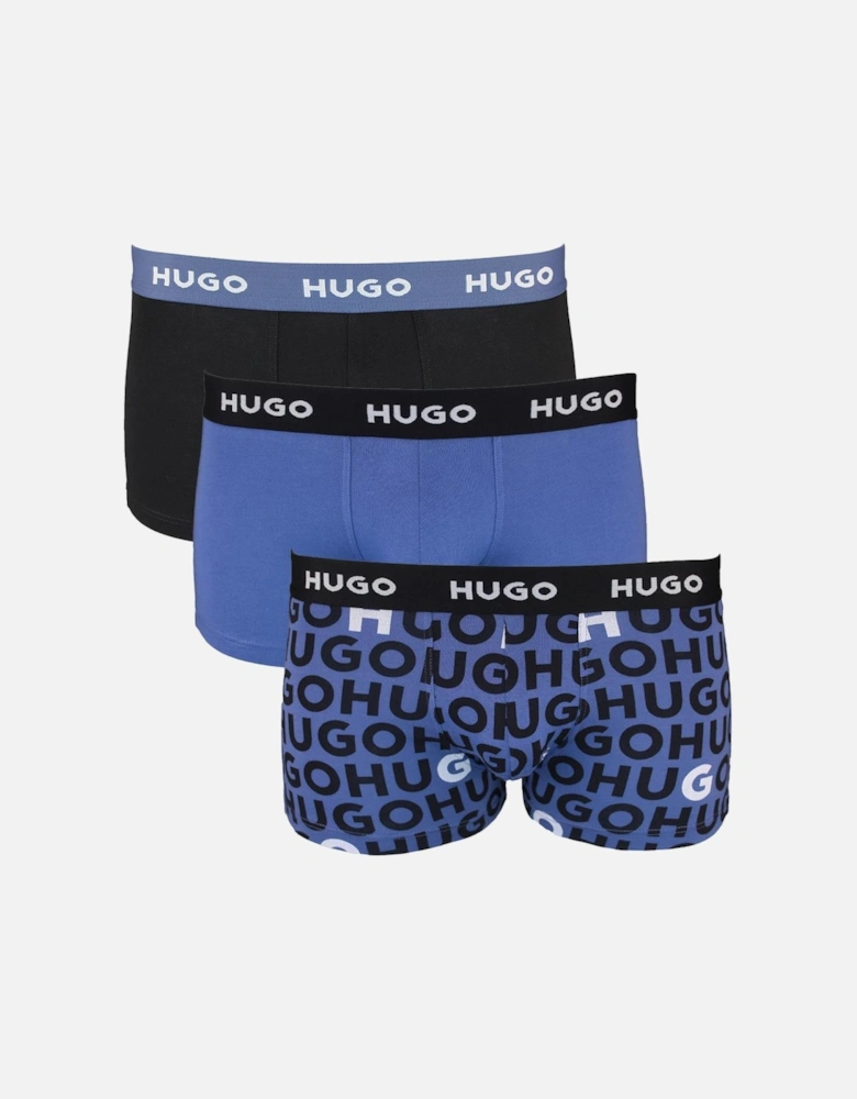 HUGO 3-Pack Design Boxer Trunks, Black, Blue and Logo print