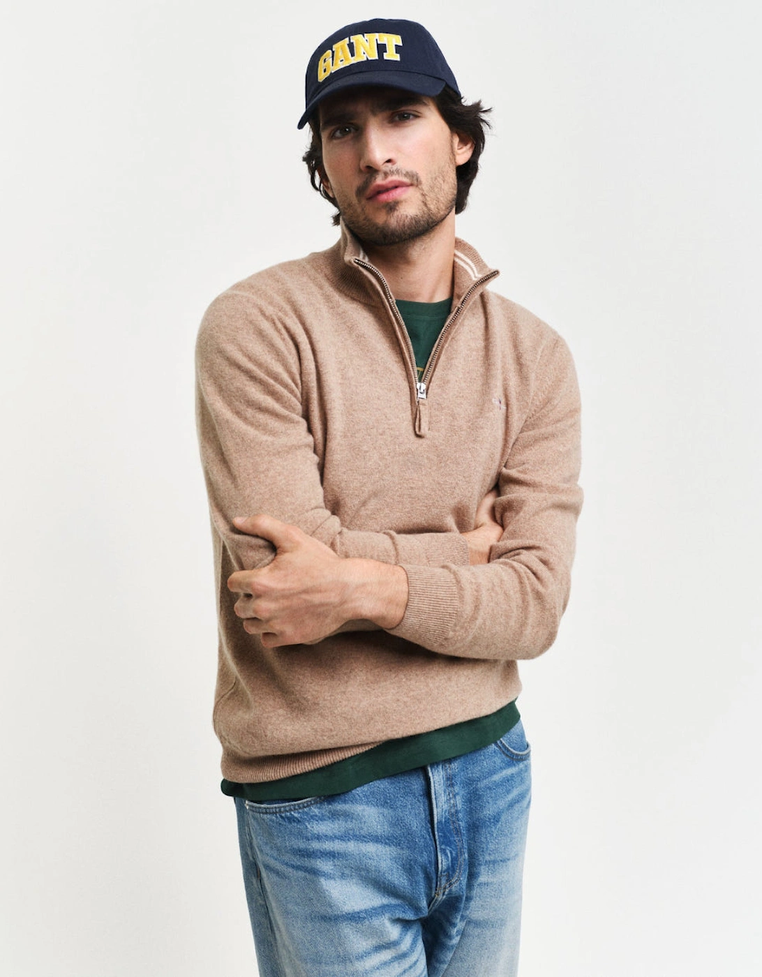 Superfine Lambswool Half Zip Top, Dark Sand Melange