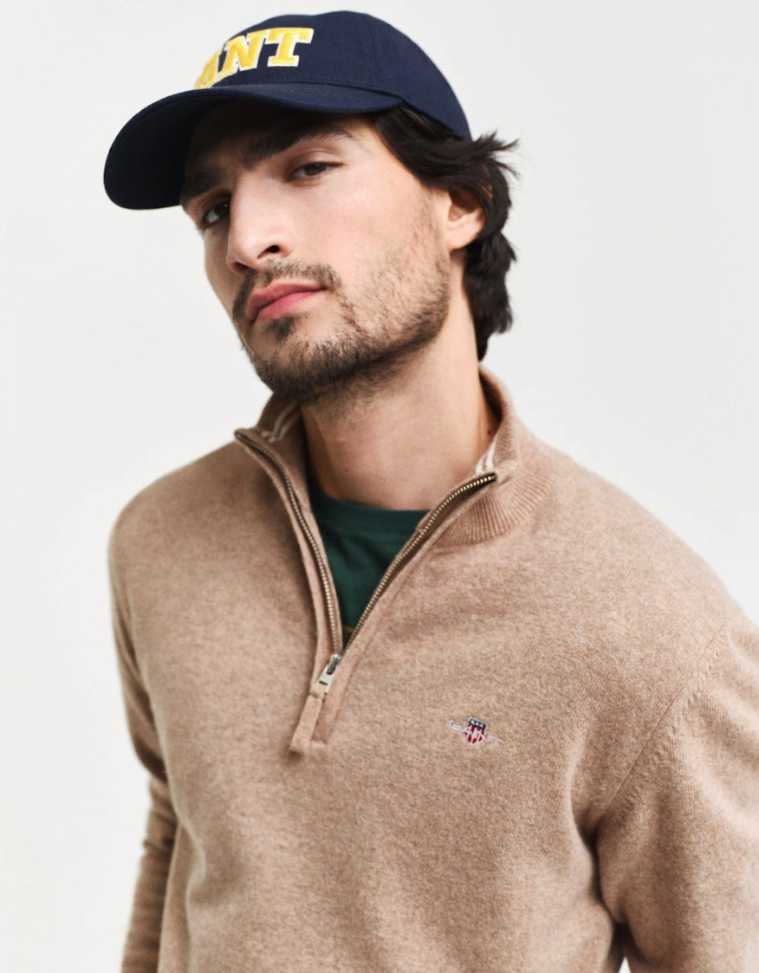 Superfine Lambswool Half Zip Top, Dark Sand Melange