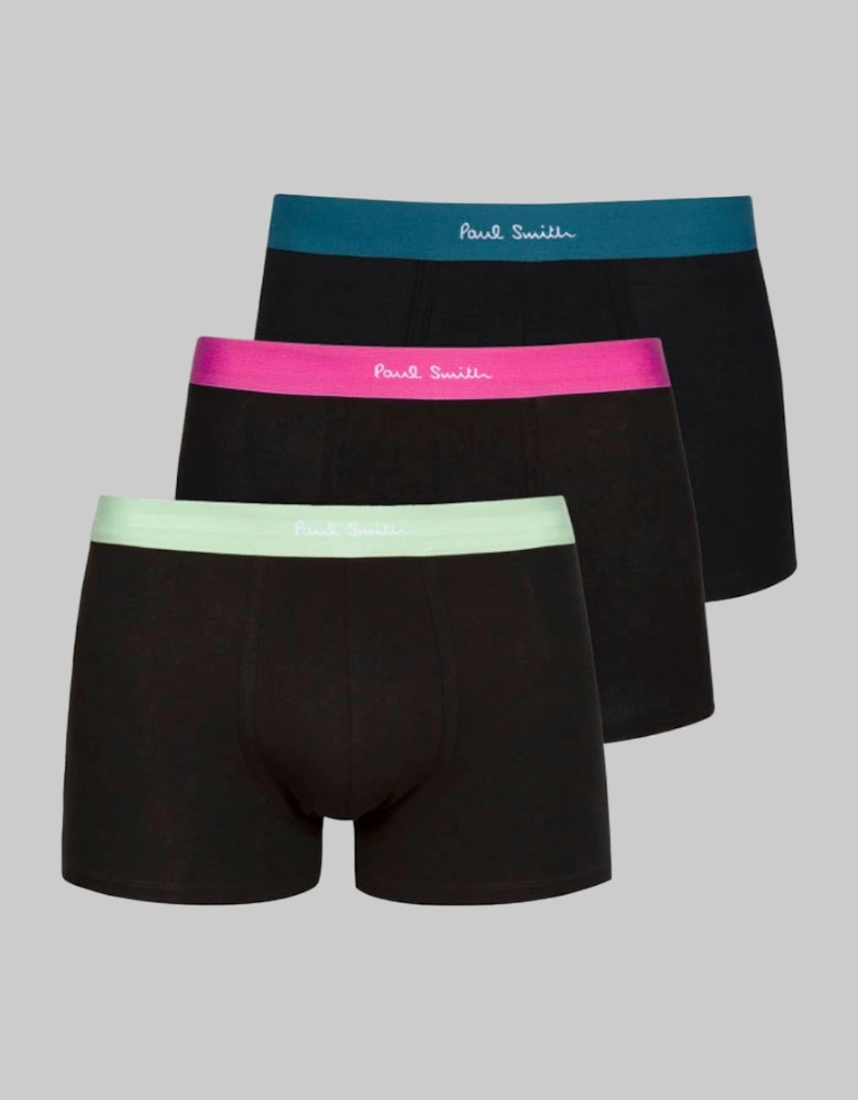 3-Pack Classic Boxer Trunks with Colour Waistband, Black