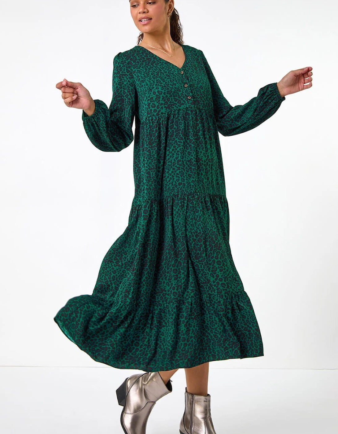 Animal Print Button Detail Smock Midi Dress, 2 of 1