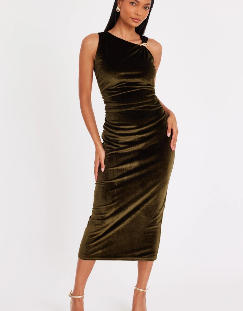 Green Velvet Asymmetric Midaxi Dress