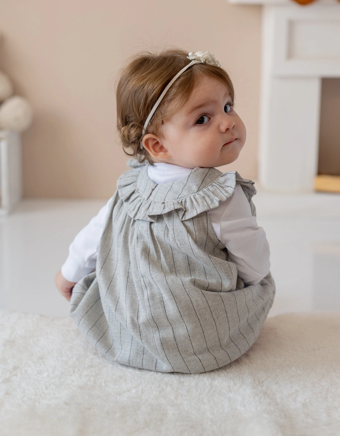 Baby Girls Ruffle Collar Dress and Blouse Set in Grey