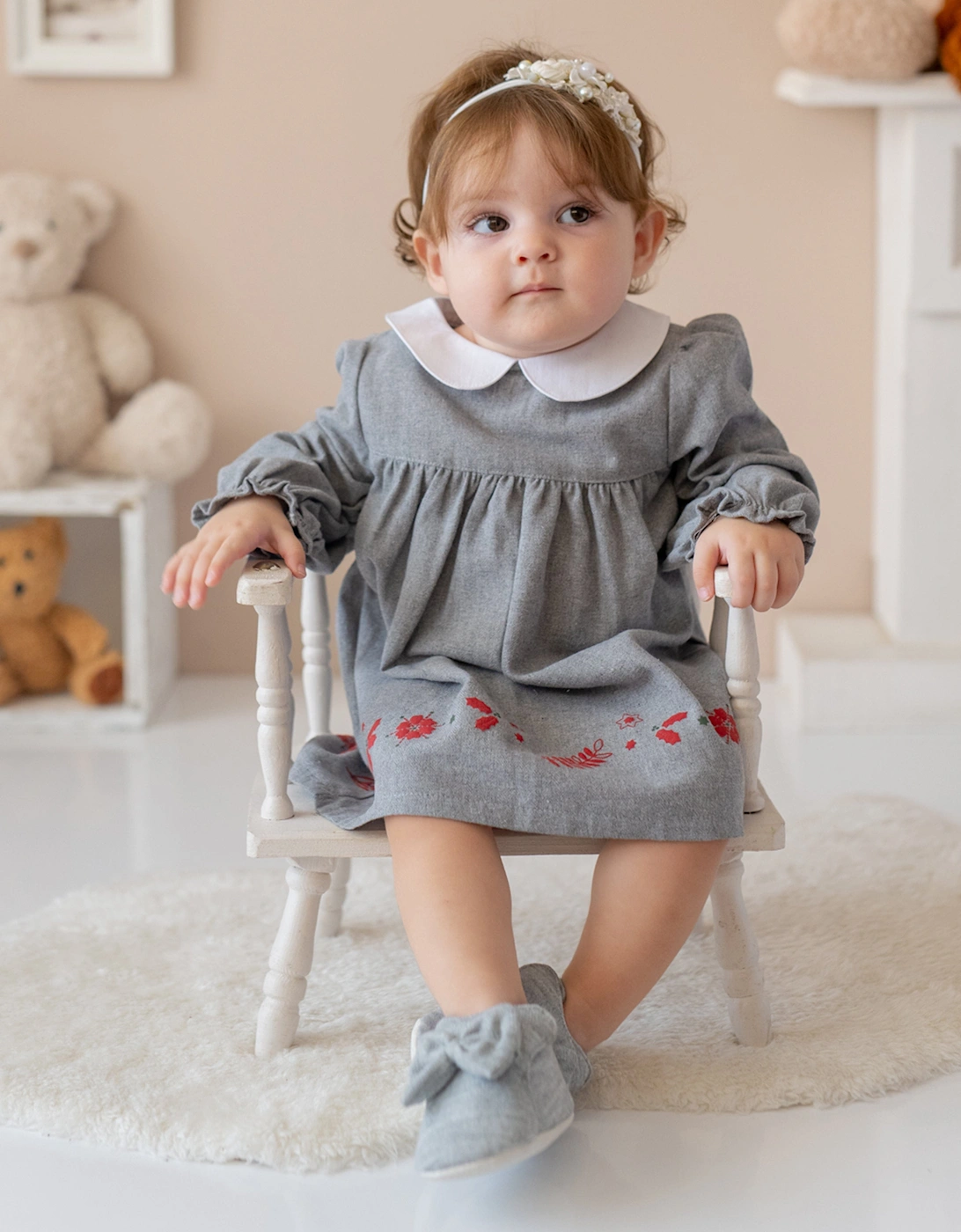 Baby Girls Embroidered Woven Dress in Grey