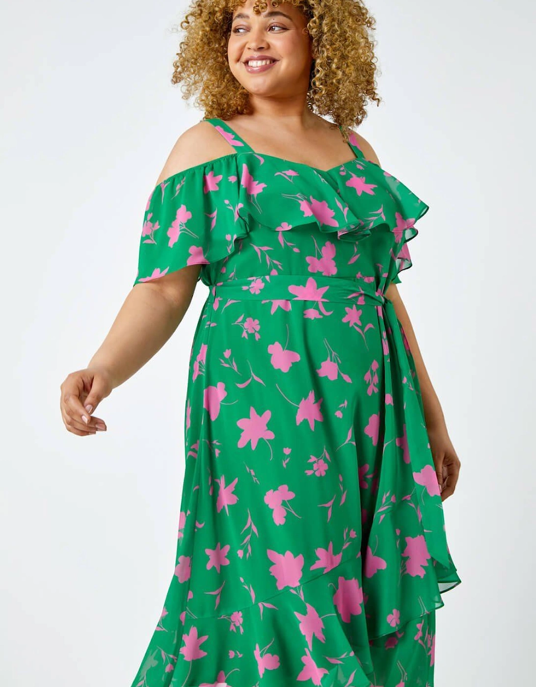 Curve Floral Cold Shoulder Chiffon Frill Dress, 2 of 1