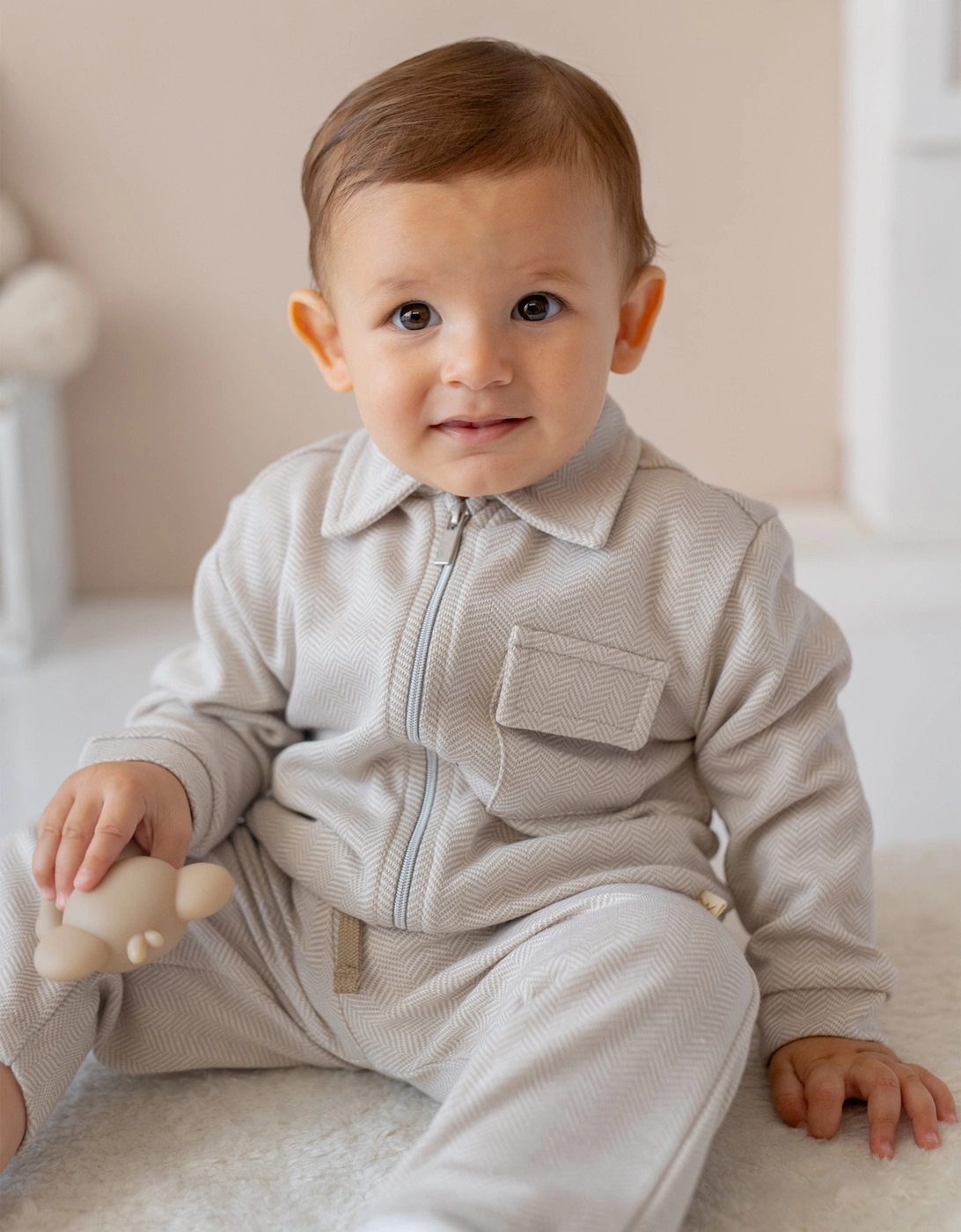 Boys Knitted Zip Up Jacket in Beige