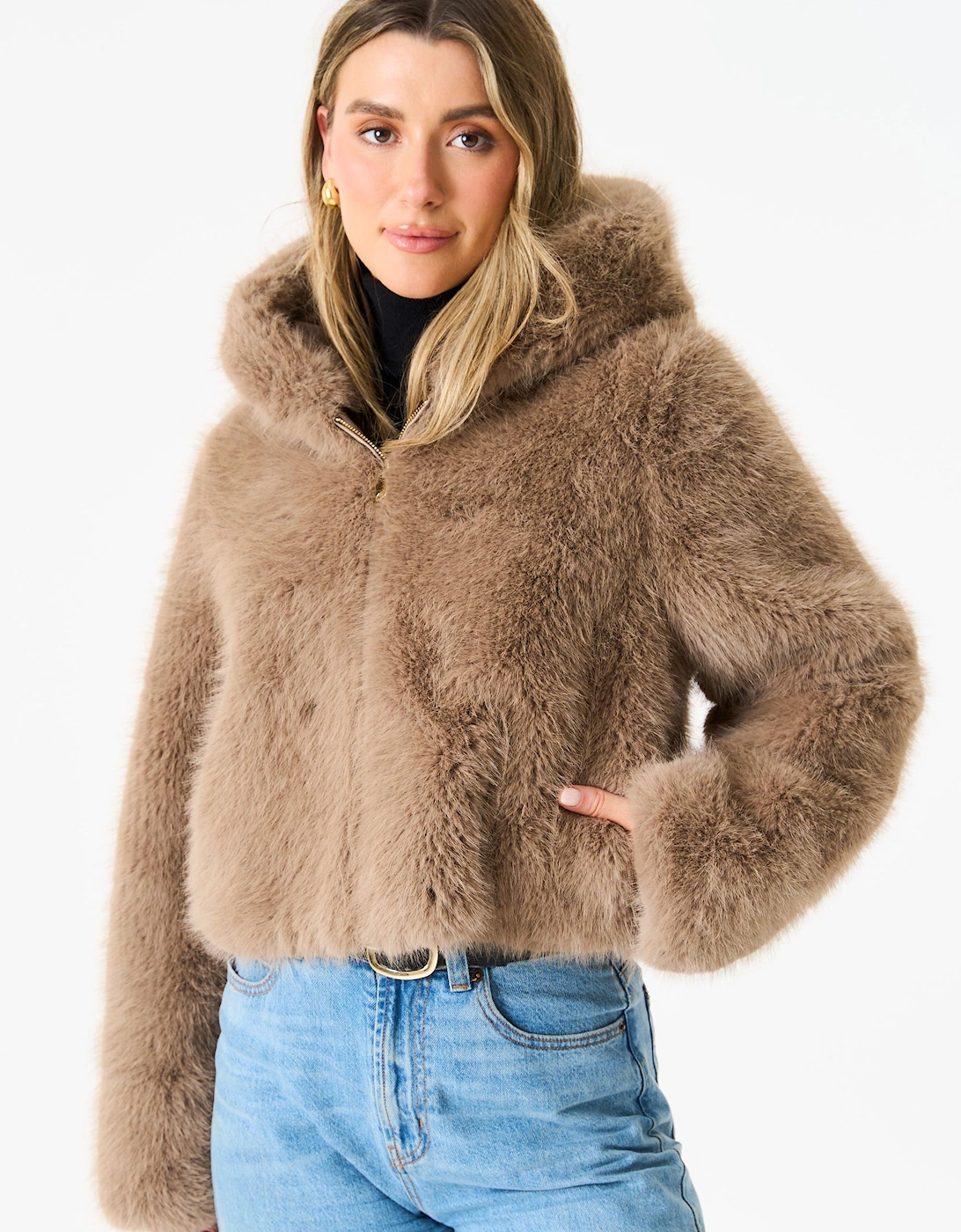Stone Zip Front Cropped Faux fur Jacket, 2 of 1