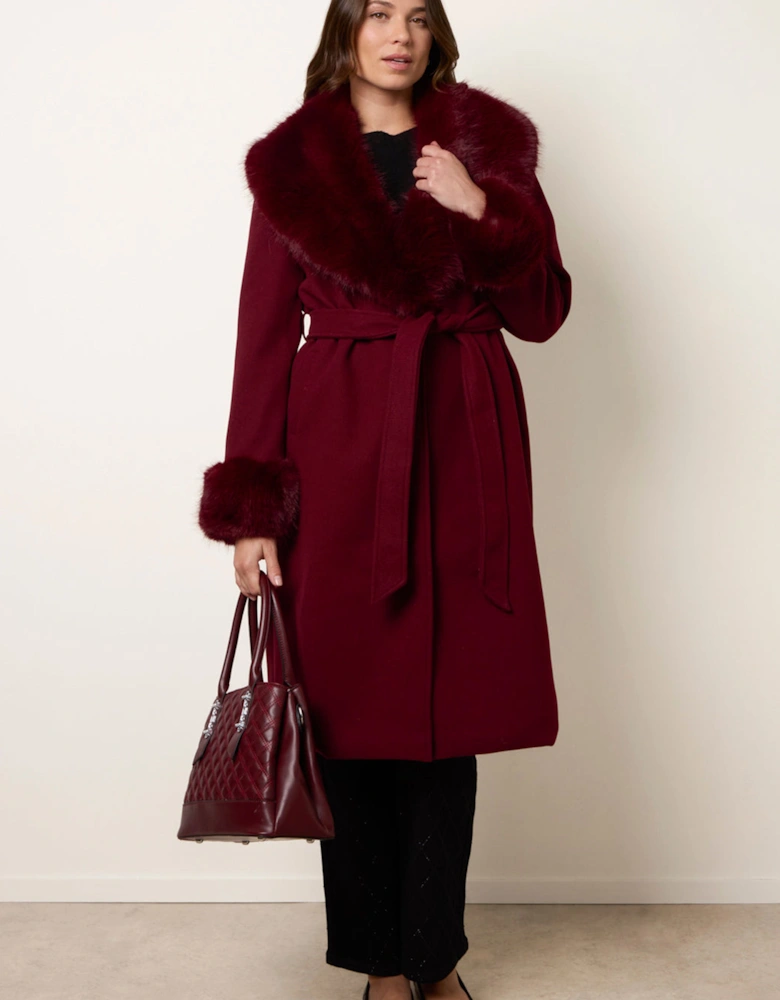 Red Wrap Front Faux Fur Collar & Cuff Coat