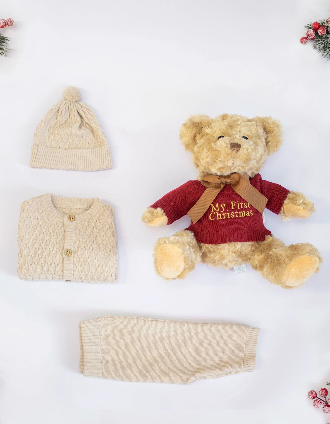 CHRISTMAS EDITION TEDDY AND 3 PIECE KNIT OUTFIT SET