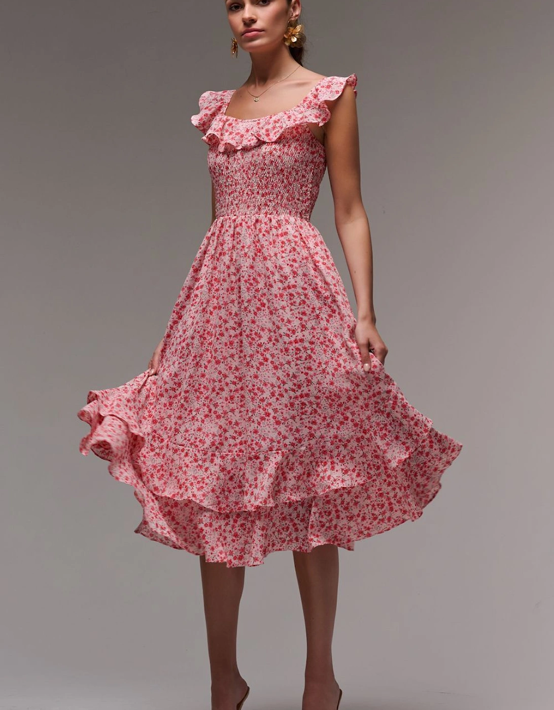 Ruffle Shirred Woven Midi Dress, 2 of 1