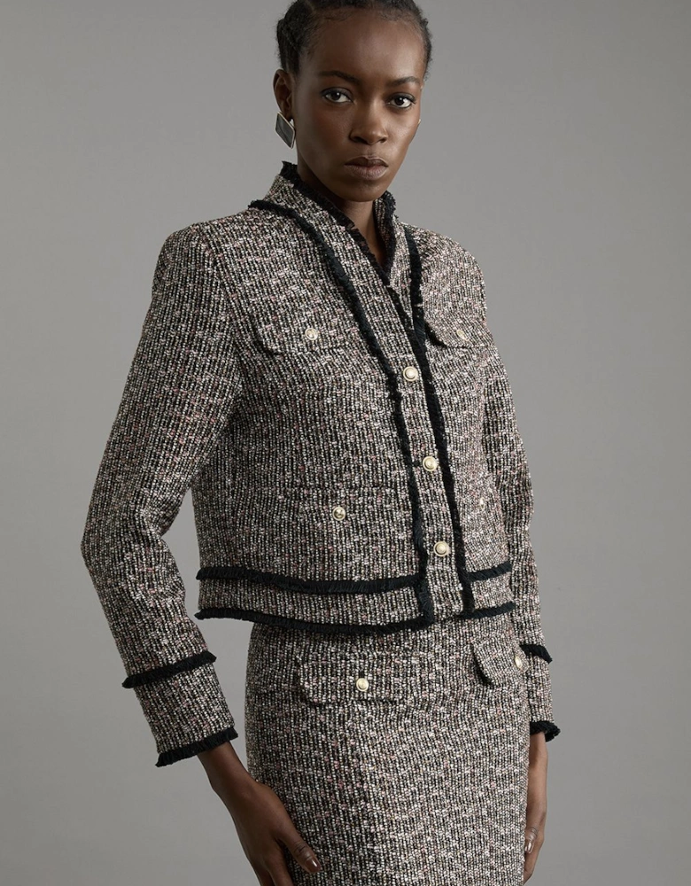 Wool Mix Boucle Tailored Cropped Collarless Jacket