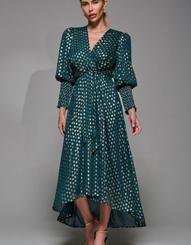 Puff Sleeve Metalic Spot Print Dip Hem Midi Dress