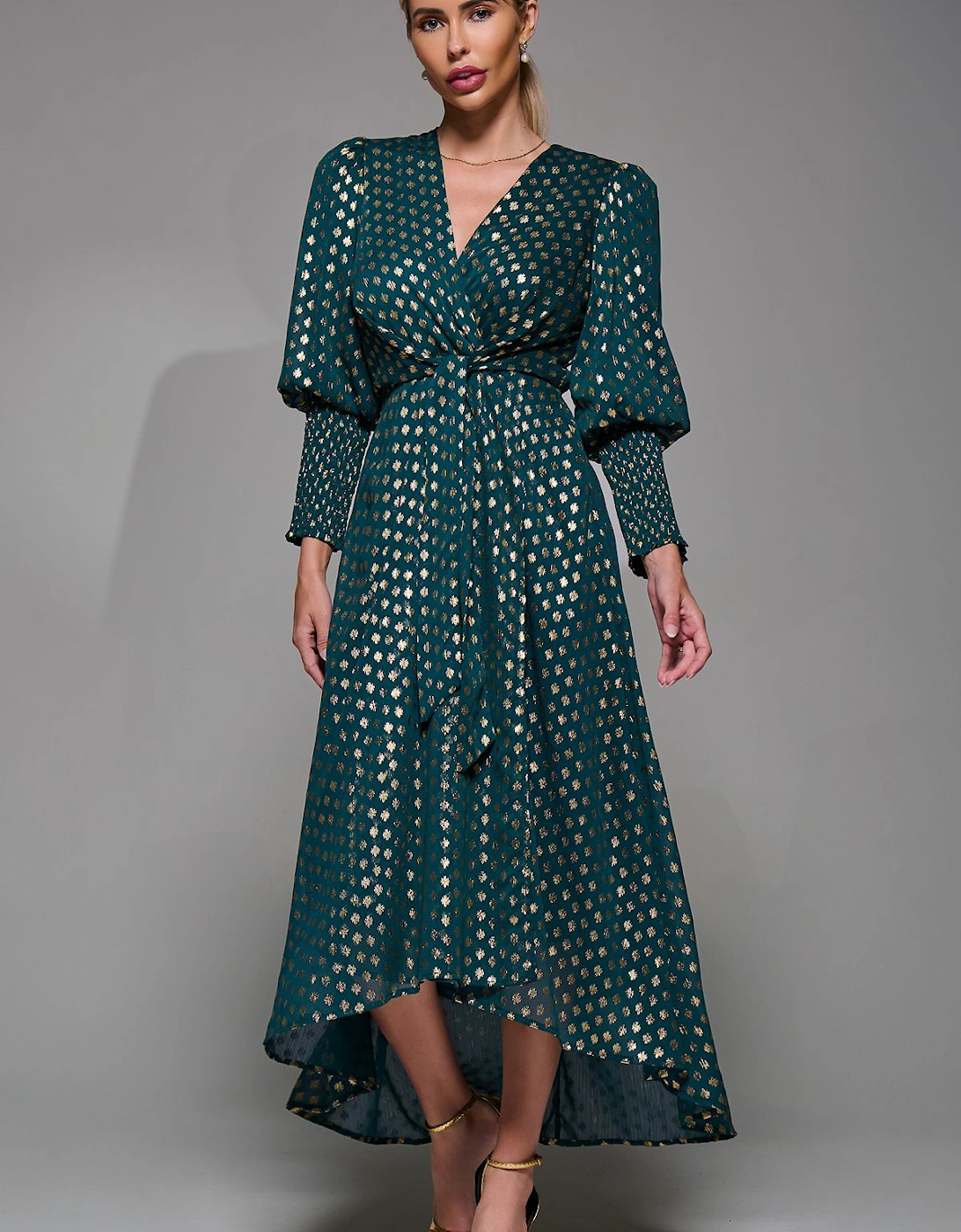 Puff Sleeve Metalic Spot Print Dip Hem Midi Dress, 2 of 1