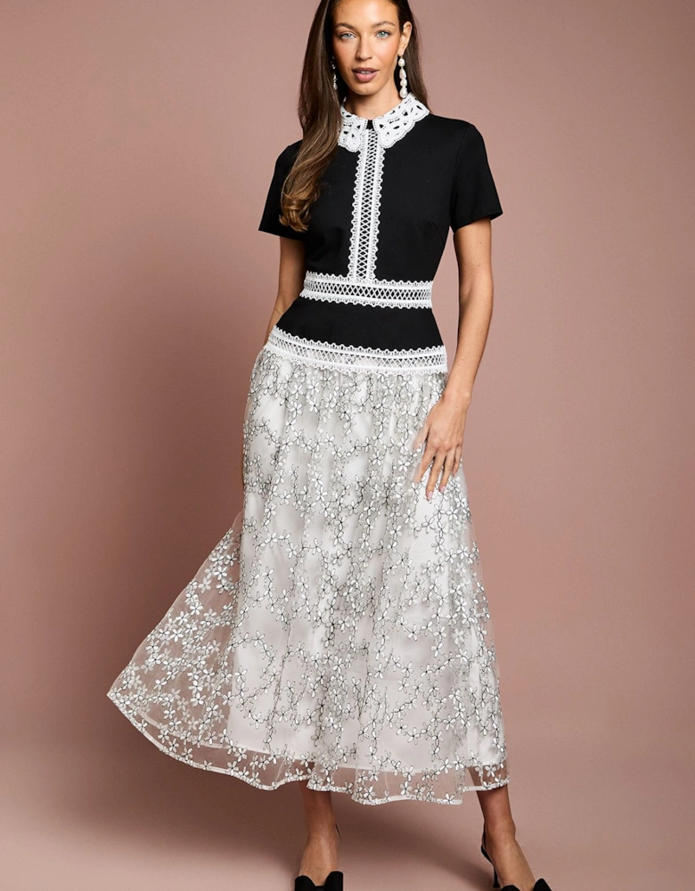 Stretch Bodice Embroidered Mesh Skirt Midaxi Dress
