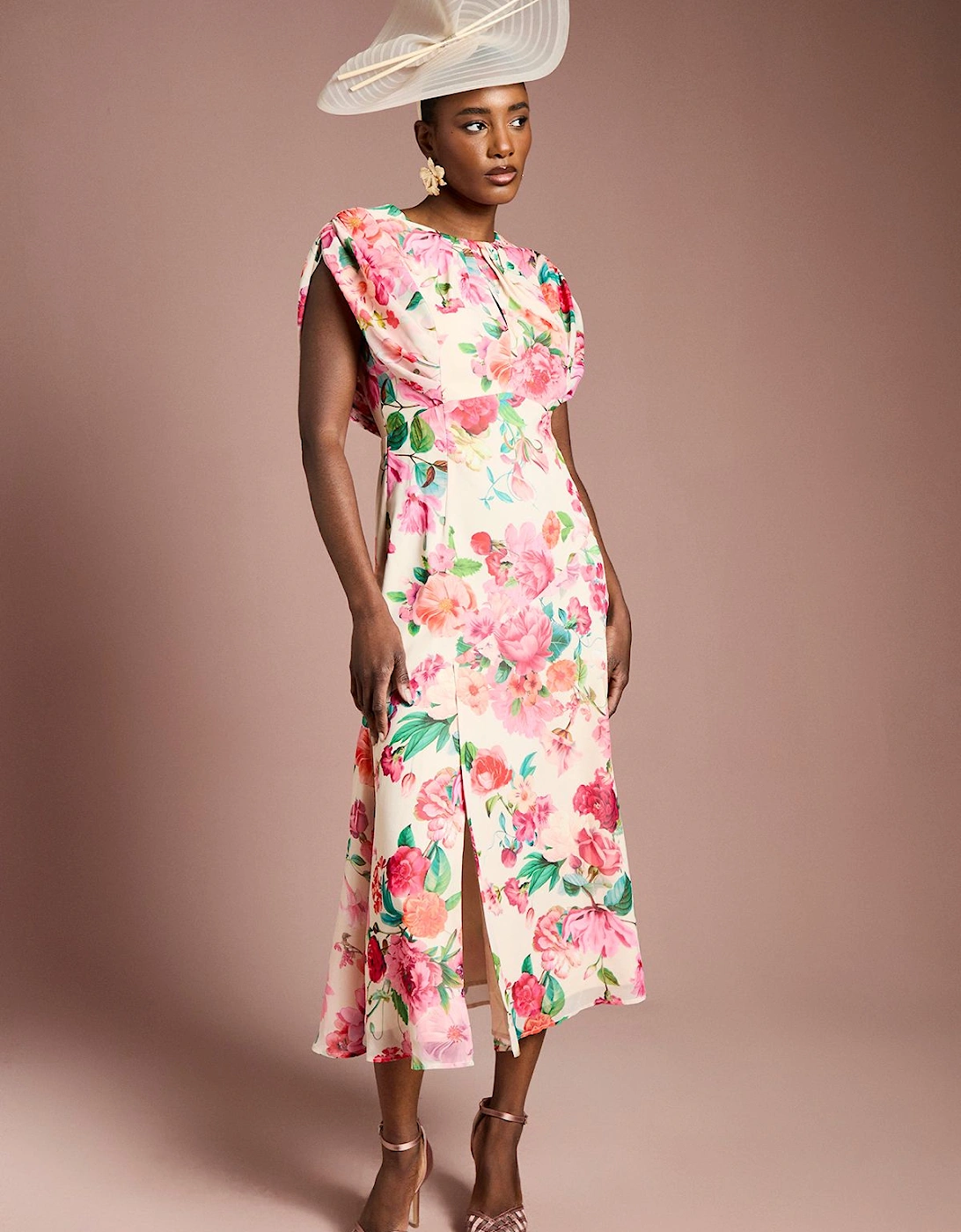 Cap Sleeve Floral Chiffon Midi Dress, 2 of 1