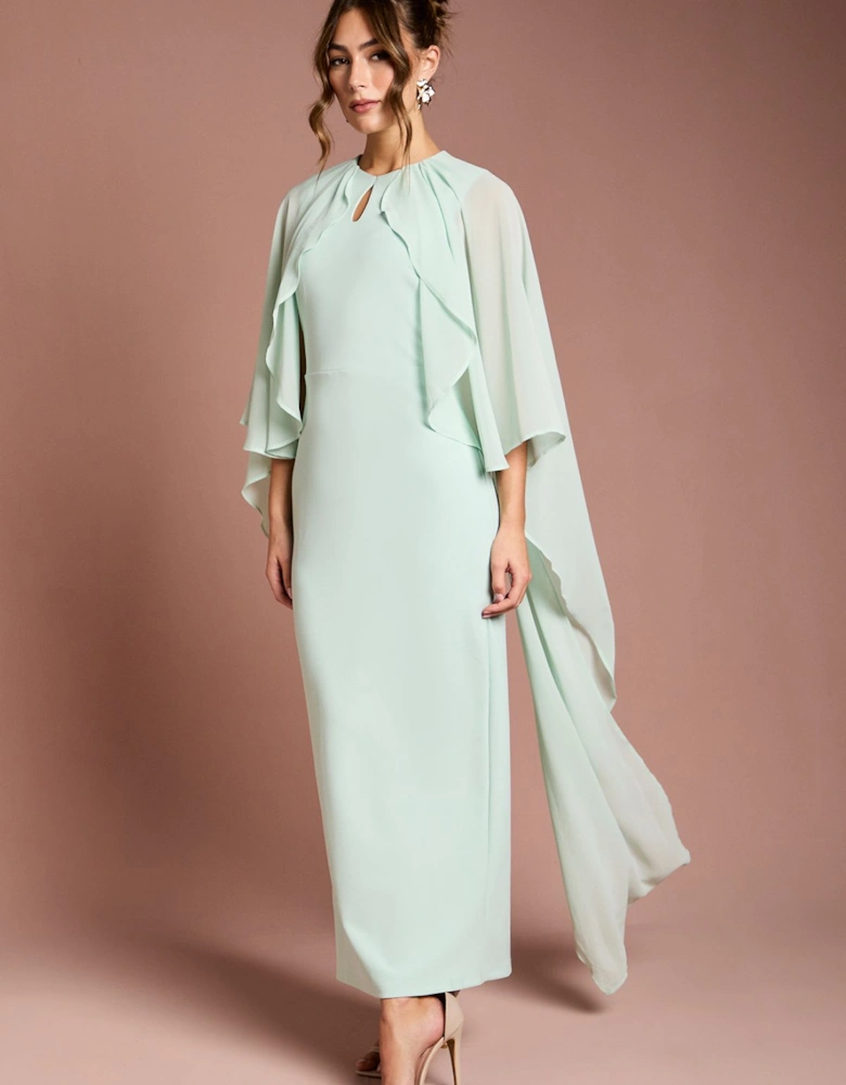 Ruffle Chiffon Cape Crepe Maxi Dress
