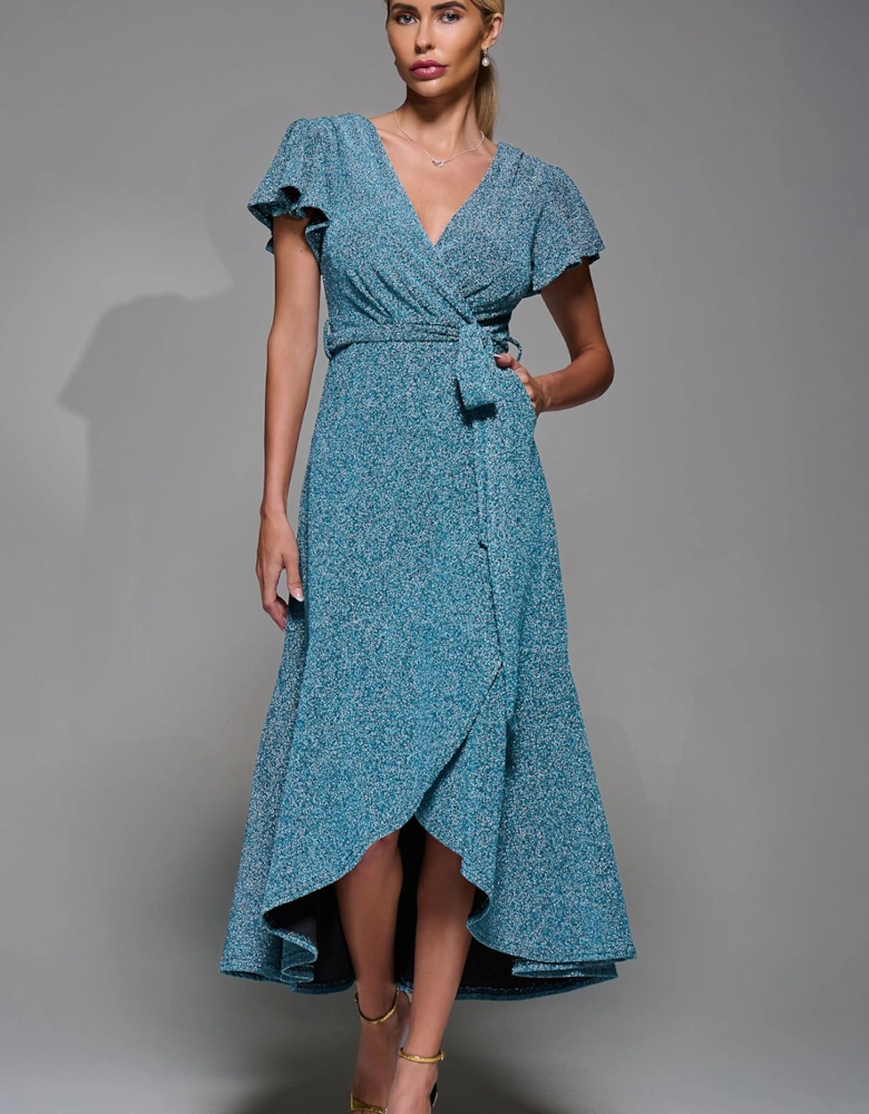 Metalic Angel Sleeve Wrap Maxi Dress