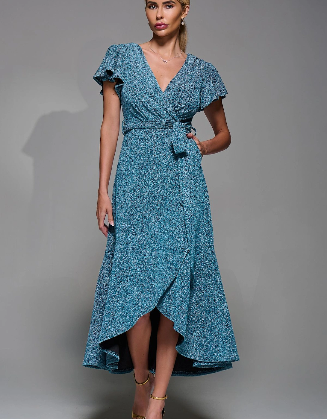 Metalic Angel Sleeve Wrap Maxi Dress, 2 of 1