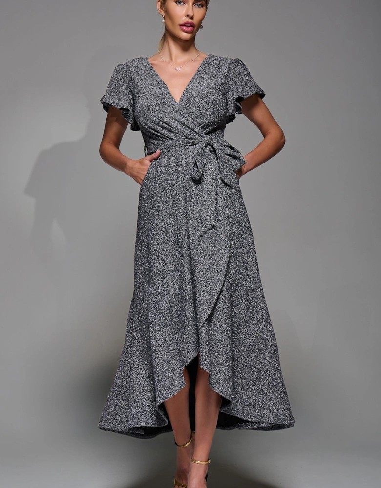 Metalic Angel Sleeve Wrap Maxi Dress