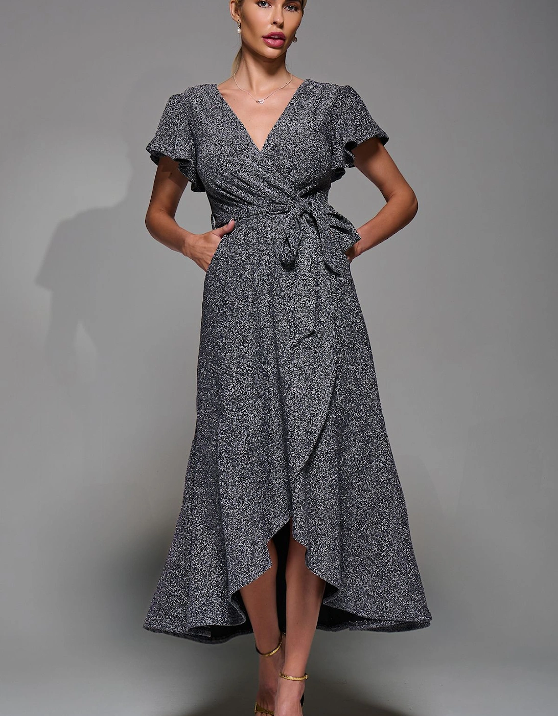 Metalic Angel Sleeve Wrap Maxi Dress, 2 of 1