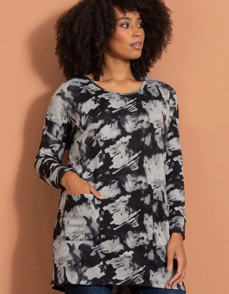 Embellished Loose Fit Printed Knit Tunic Top