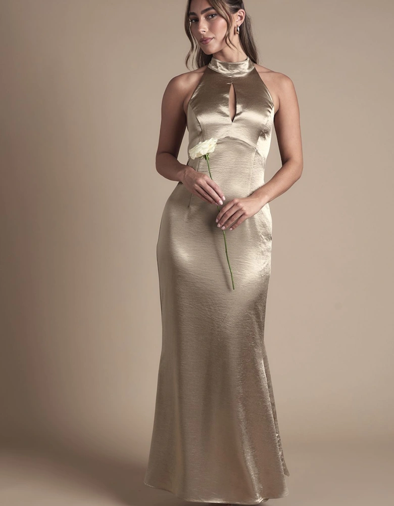 Satin Halter Neck Key Hole Detail Maxi Bridesmaid Dress