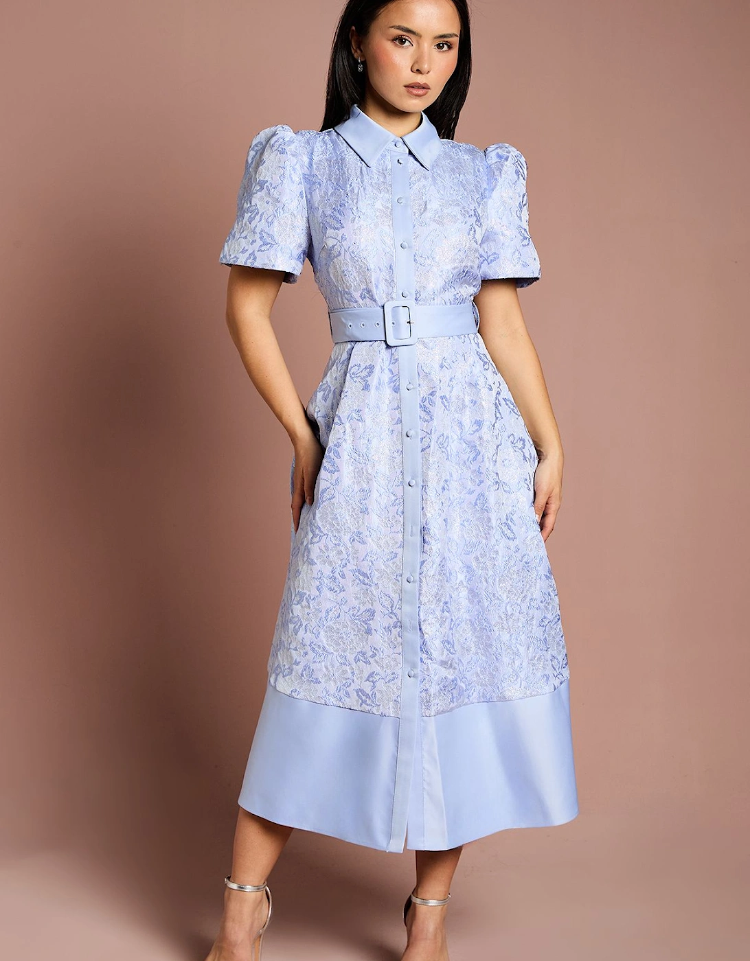 Petite Short Sleeve Shirt Jacquard Midi Dress, 2 of 1