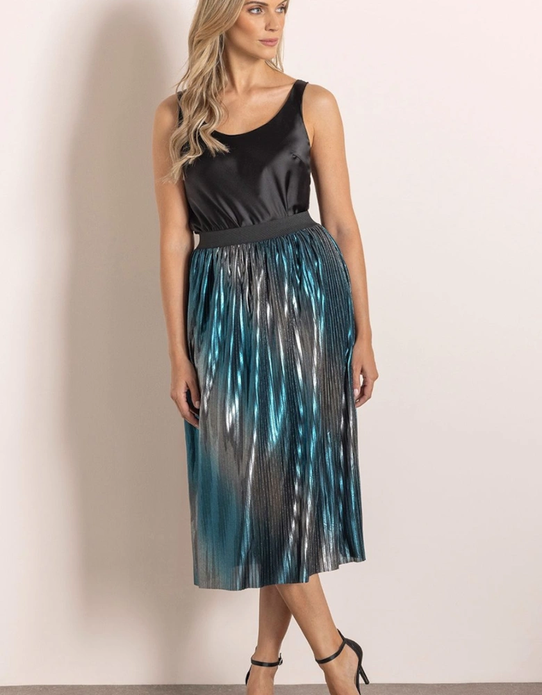 Metallic Pleat Midi Skirt