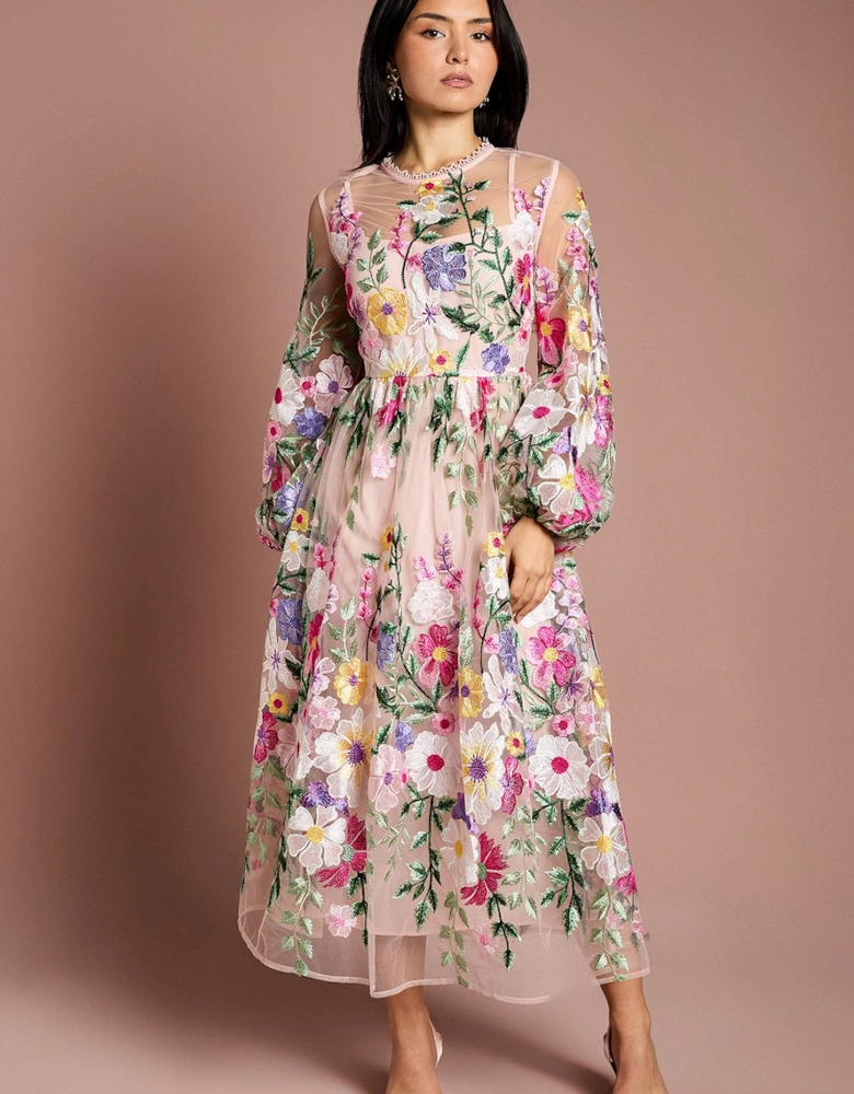 Petite Long Sleeve Embroidered Maxi Dress