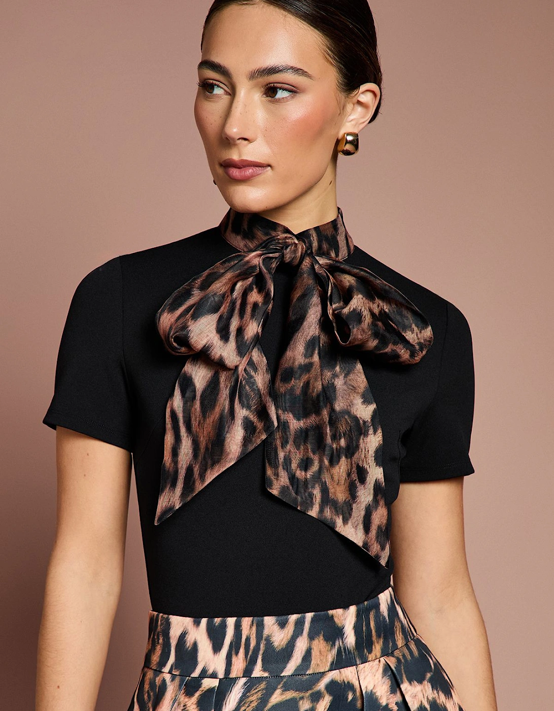 Lisa Tan Short Sleeve Bodysuit With Leopard Tie Neck, 2 of 1