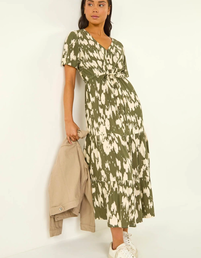 Petite Abstract Print Tiered Midi Dress