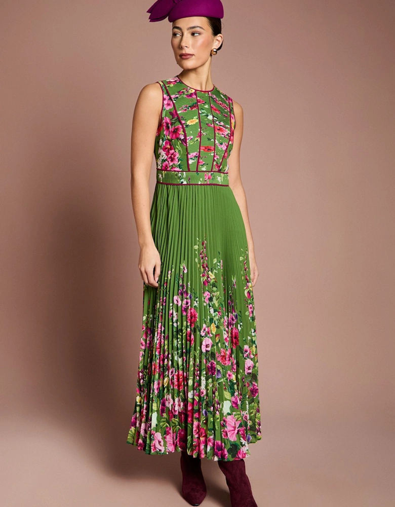 Lisa Tan Pleated Piped Bodice Printed Midi Dress