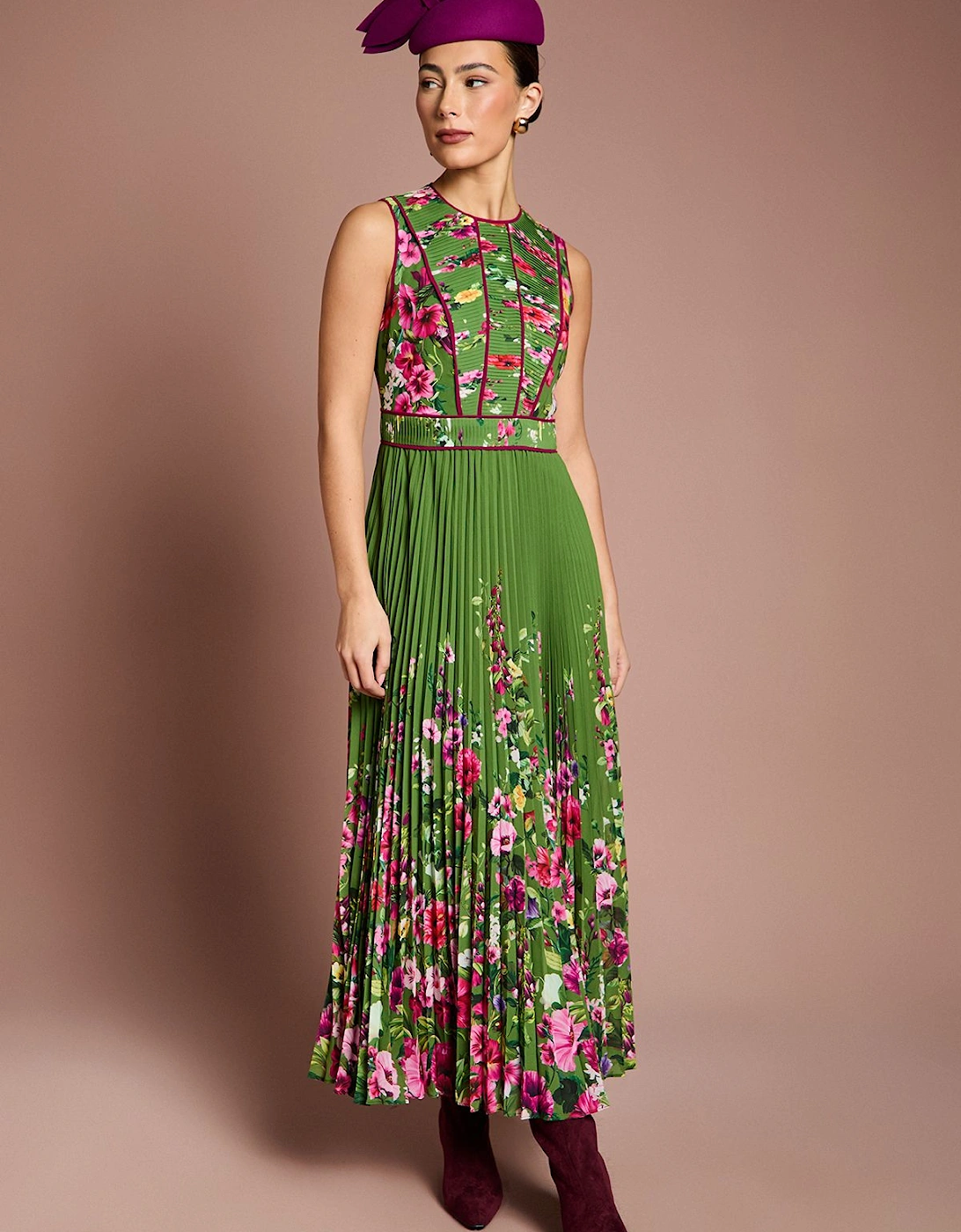 Lisa Tan Pleated Piped Bodice Printed Midi Dress, 2 of 1