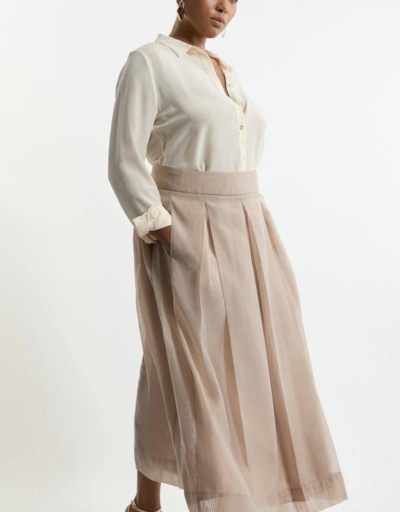 Plus Size Organdie Woven Pleated Midi Skirt