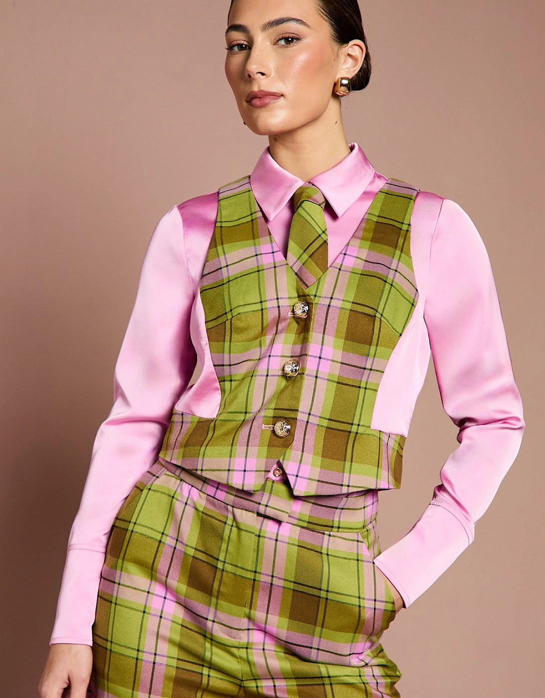 Lisa Tan Check Waistcoat With Tie, 2 of 1