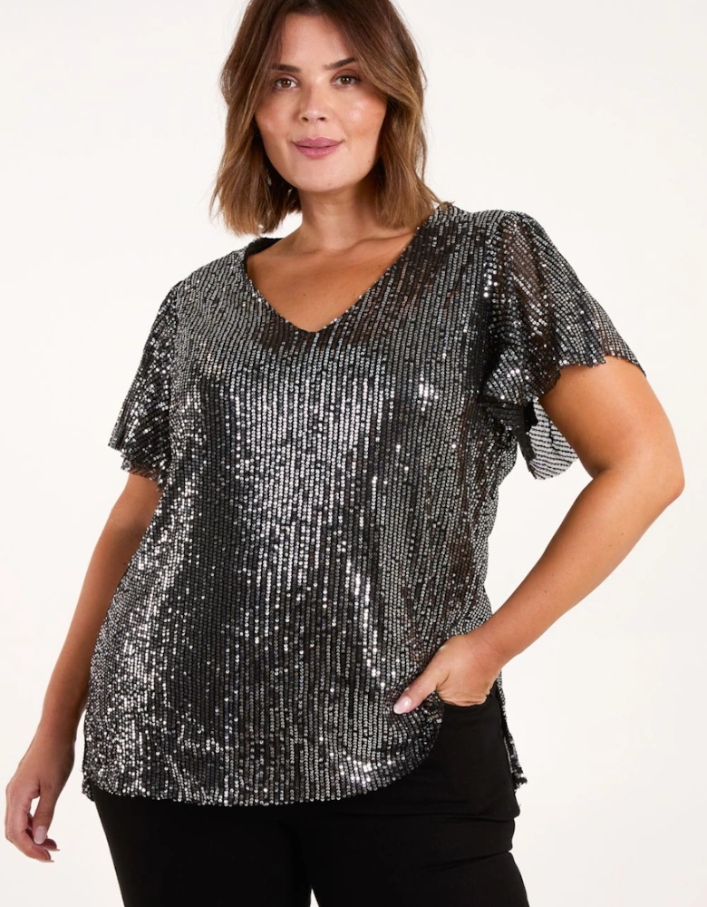 Curve Angel Sleeve V-Neck Sequin Top