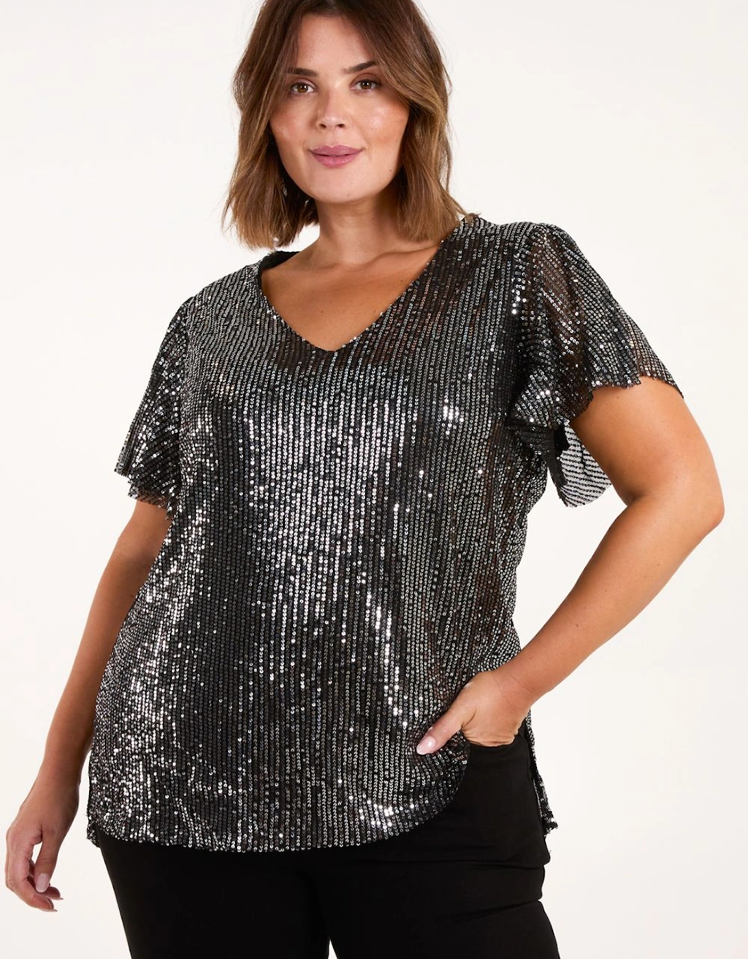 Curve Angel Sleeve V-Neck Sequin Top, 2 of 1