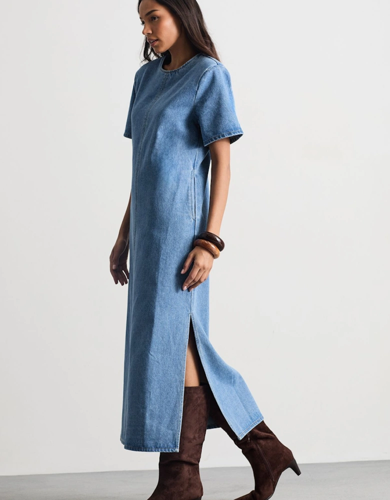 Denim Side Split Midi Dress