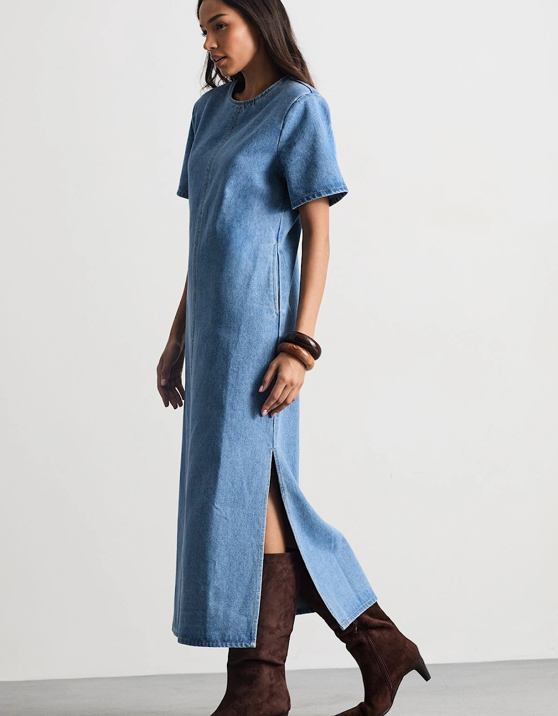 Denim Side Split Midi Dress, 2 of 1