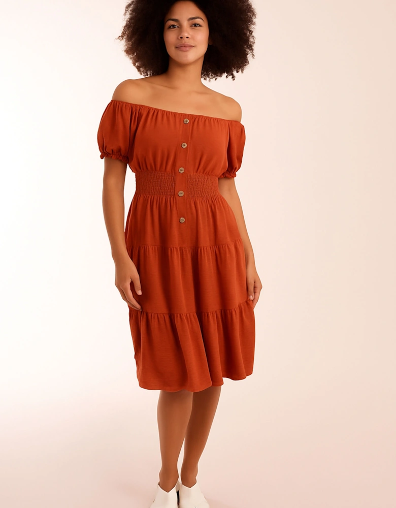Burnt Orange Coconut Button Bardot Dress