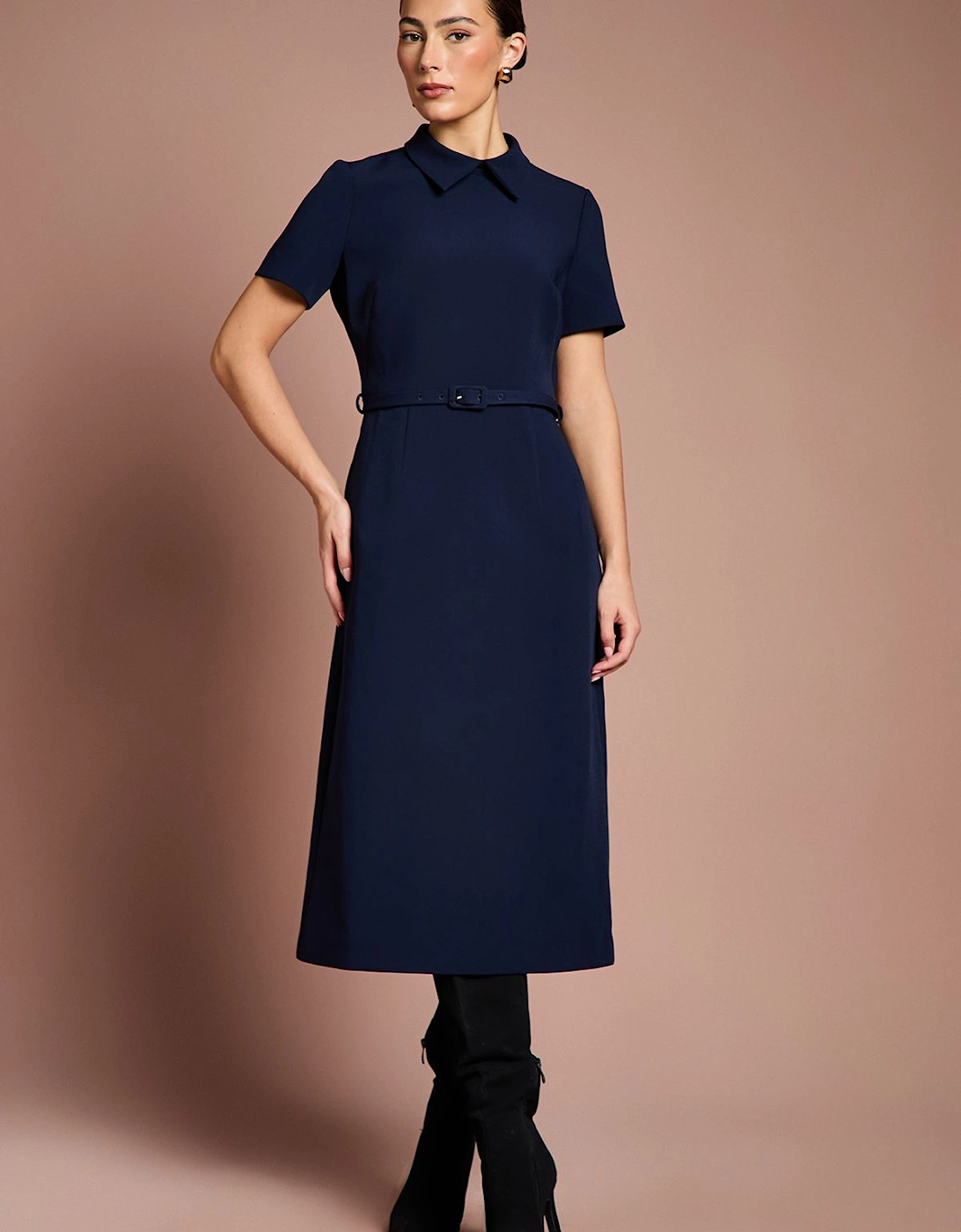 Lisa Tan Belted Full Skirt Crepe Midi Dress, 2 of 1